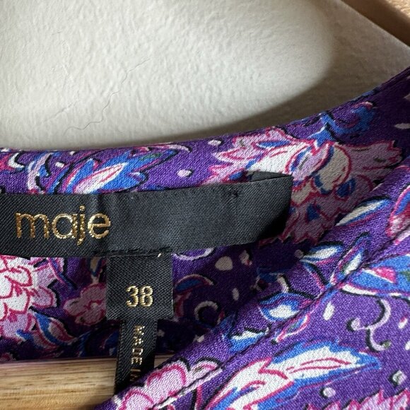 Maje Floral Mini Dress Size 38 UK 10 $445 Purple Georgette Smocked Cut Out Boho - Picture 13 of 16